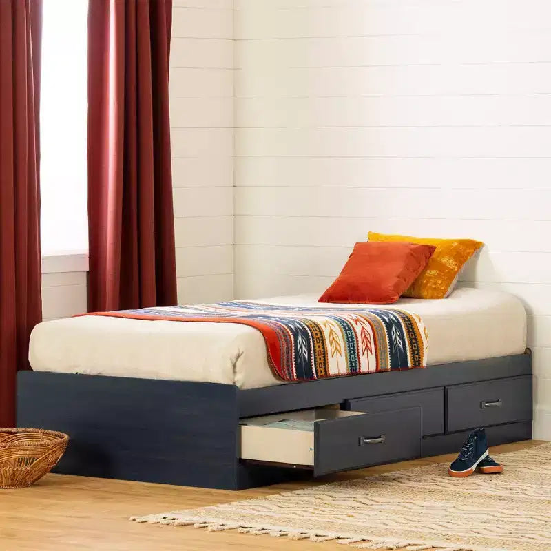 Letto a piattaforma singolo Blueberry con 3 cassetti, per 1 persona