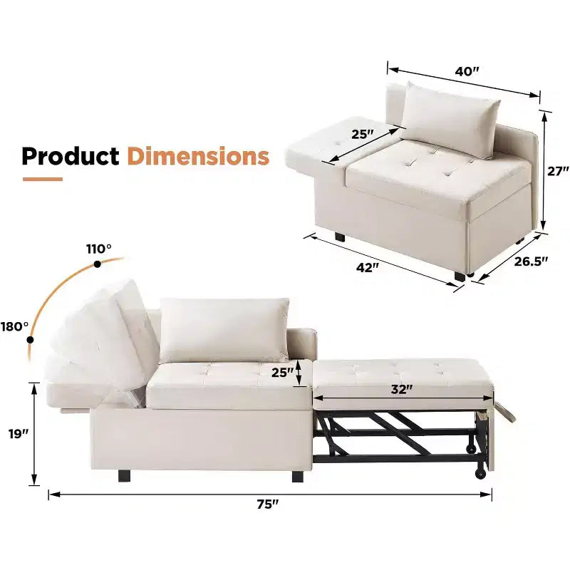 Poltrona Letto Convertibile in Lino Beige, Reclinabile e Trasformabile, 1 Posto