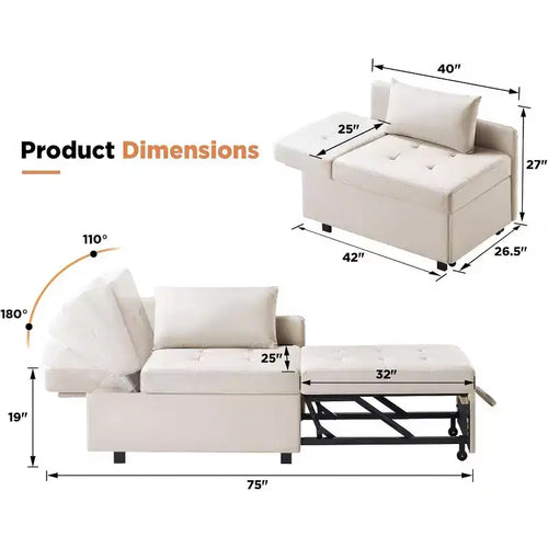 Poltrona Letto Convertibile in Lino Beige, Reclinabile e Trasformabile, 1 Posto