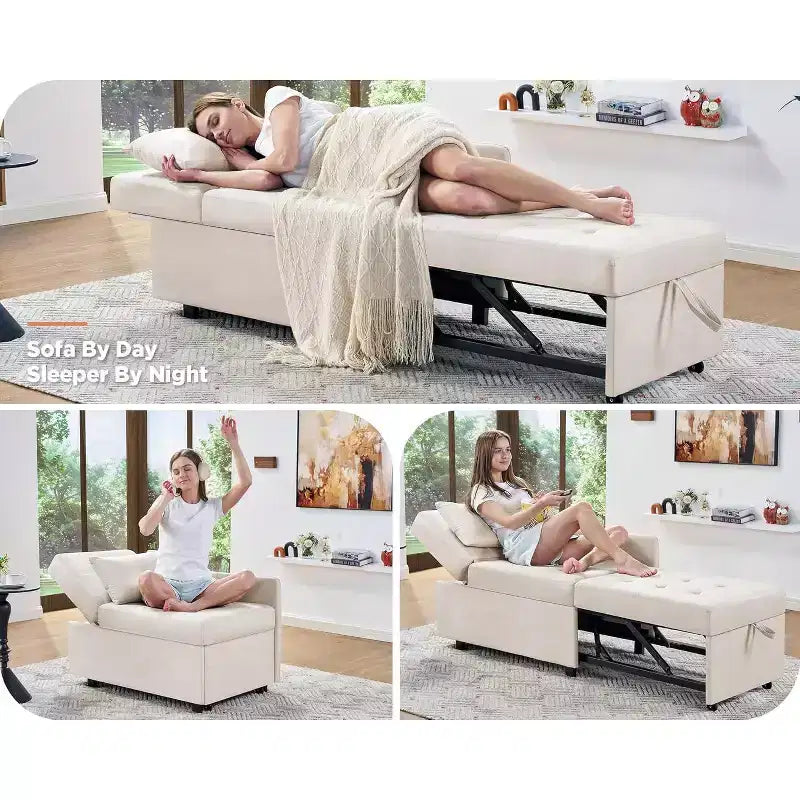 Poltrona Letto Convertibile in Lino Beige, Reclinabile e Trasformabile, 1 Posto