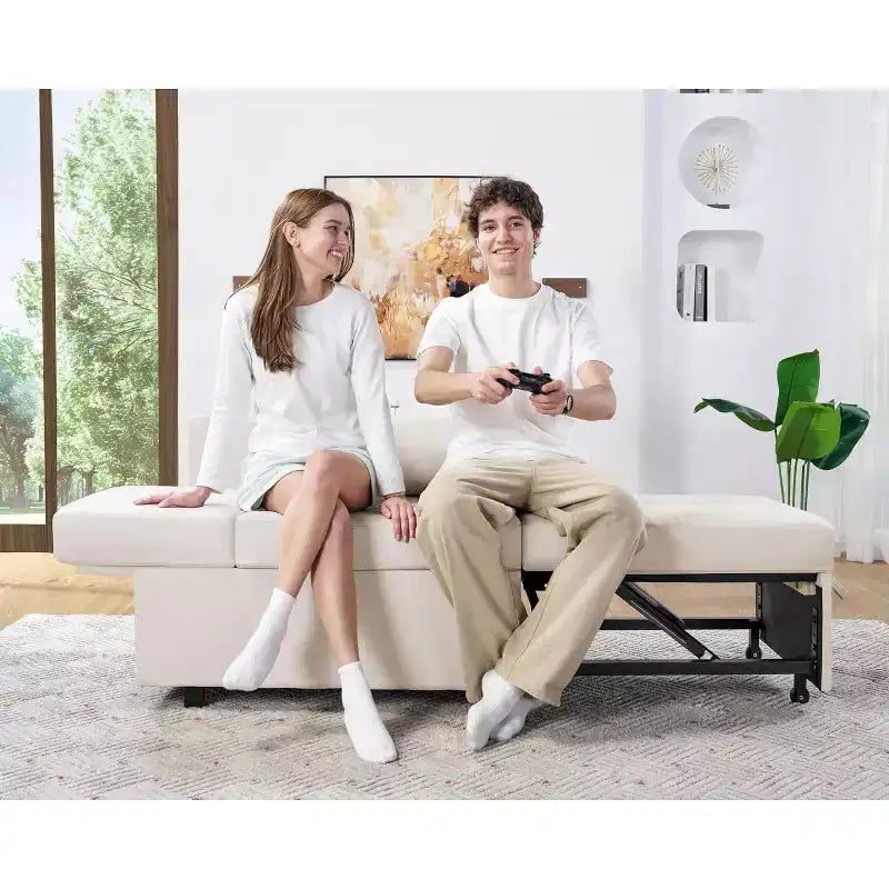Poltrona Letto Convertibile in Lino Beige, Reclinabile e Trasformabile, 1 Posto