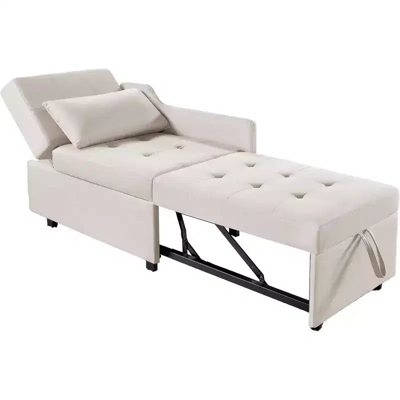 Poltrona Letto Convertibile in Lino Beige, Reclinabile e Trasformabile, 1 Posto