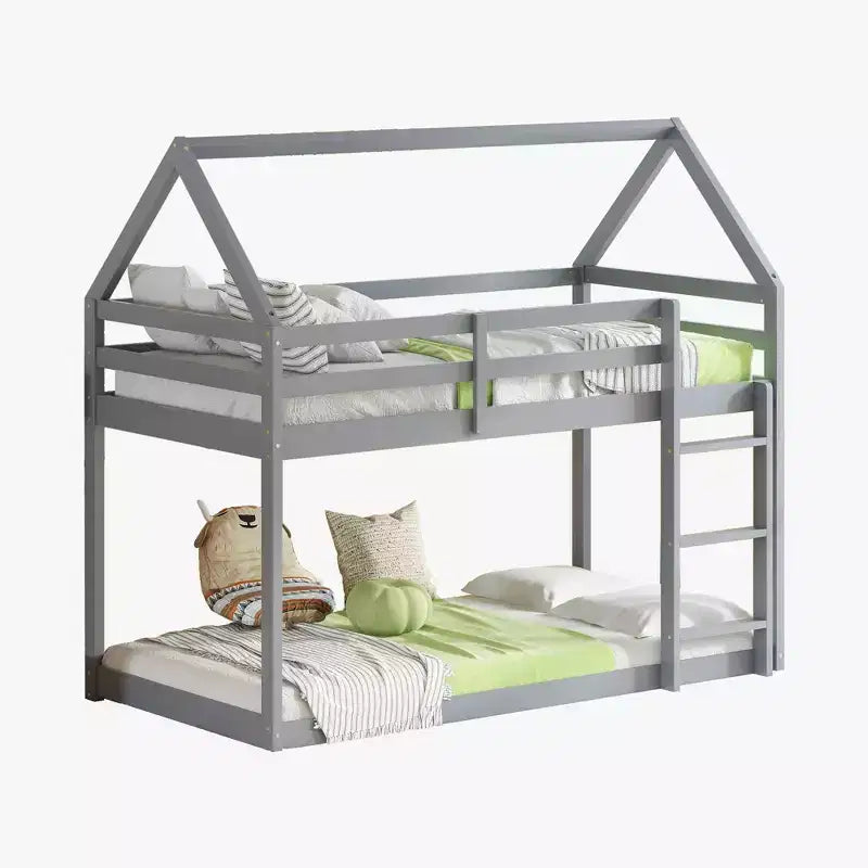 Letto a castello singolo bianco a forma di casetta con scaletta e sponde di protezione, per 2 persone