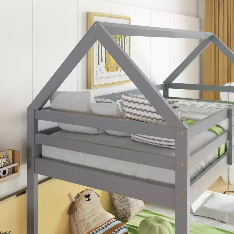 Letto a castello singolo bianco a forma di casetta con scaletta e sponde di protezione, per 2 persone