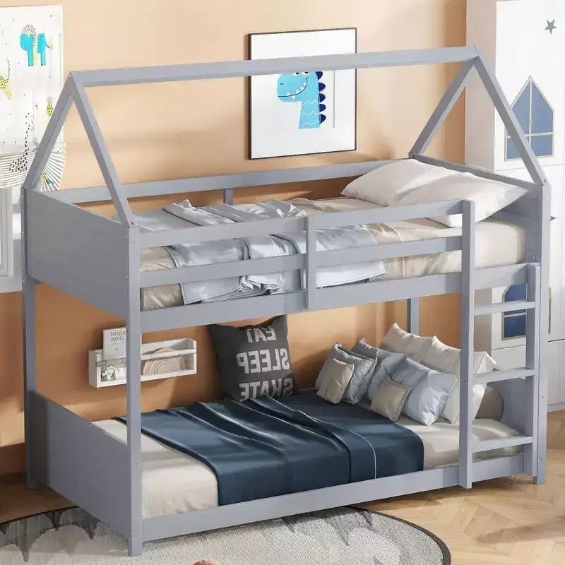 Letto a Castello a 2 Posti Twin House, Grigio – con Testiere, Pedane e Sponde di Sicurezza