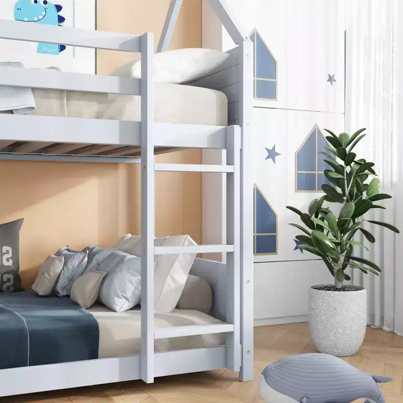 Letto a Castello a 2 Posti Twin House, Grigio – con Testiere, Pedane e Sponde di Sicurezza