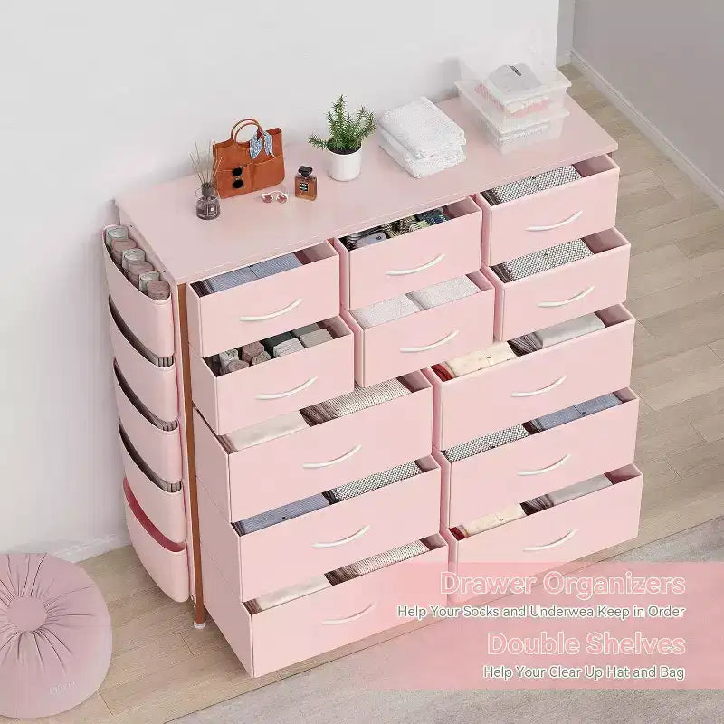 Cassettiera in Tessuto a 12 Cassetti – Nera / Rosa / Bianca / Strisce Tigrate, Utente Singolo