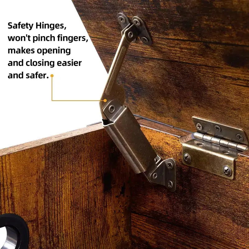 Panca contenitore marrone rustico con piano sollevabile, 2 posti, struttura in ferro e pelle bicast