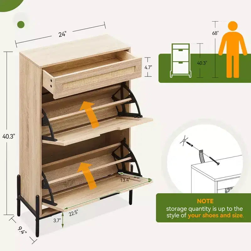 Scarpiera con anta a ribalta | Frontale in rattan, Gambe in metallo | Rovere / Ferro nero+Rovere / Nero | Contiene 12 paia