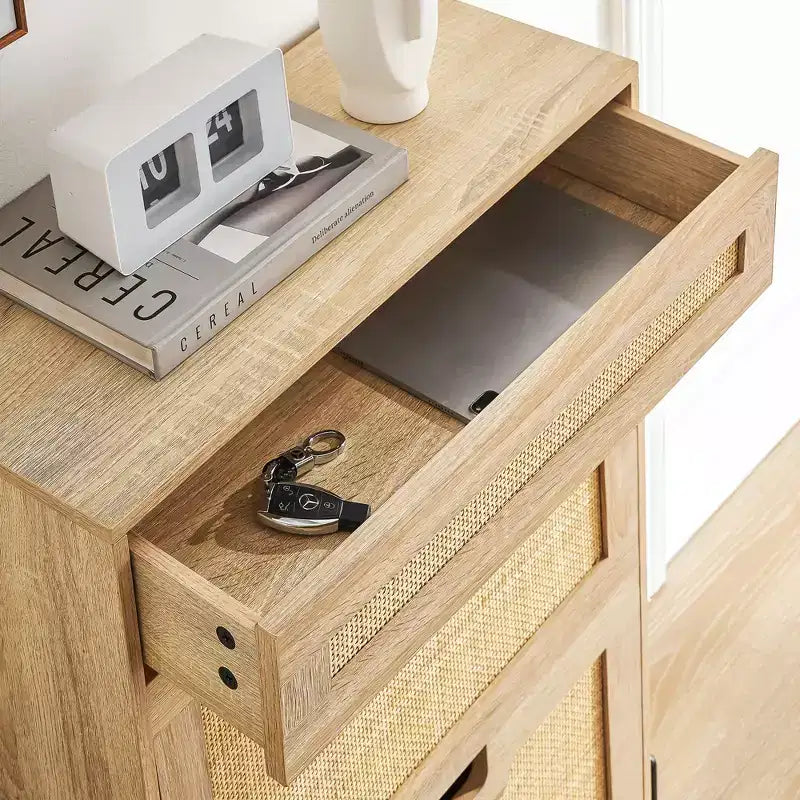 Scarpiera con anta a ribalta | Frontale in rattan, Gambe in metallo | Rovere / Ferro nero+Rovere / Nero | Contiene 12 paia