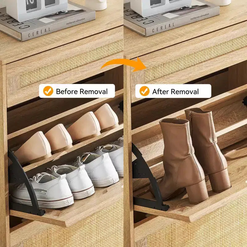 Scarpiera con anta a ribalta | Frontale in rattan, Gambe in metallo | Rovere / Ferro nero+Rovere / Nero | Contiene 12 paia
