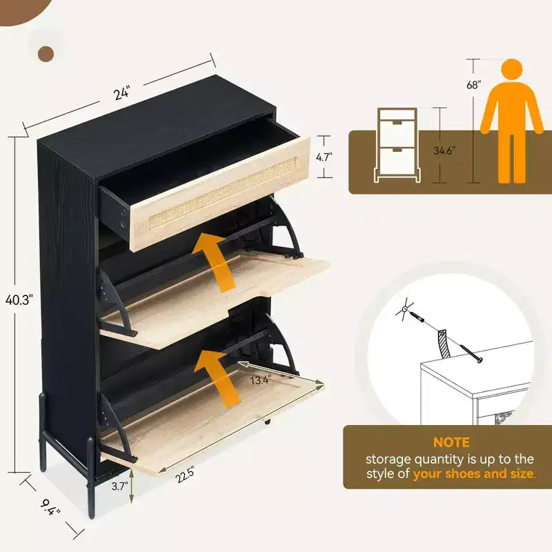 Scarpiera con anta a ribalta | Frontale in rattan, Gambe in metallo | Rovere / Ferro nero+Rovere / Nero | Contiene 12 paia