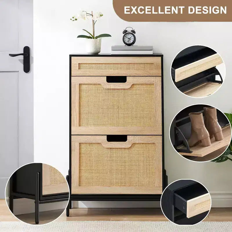 Scarpiera con anta a ribalta | Frontale in rattan, Gambe in metallo | Rovere / Ferro nero+Rovere / Nero | Contiene 12 paia