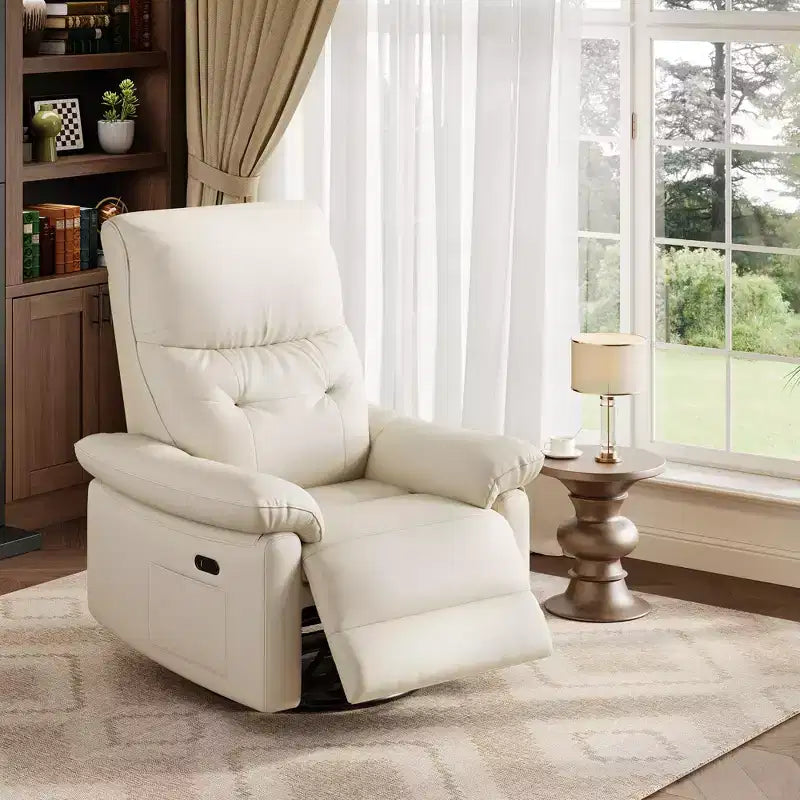 Poltrona reclinabile girevole a dondolo in pelle sintetica beige con porte USB – 1 posto