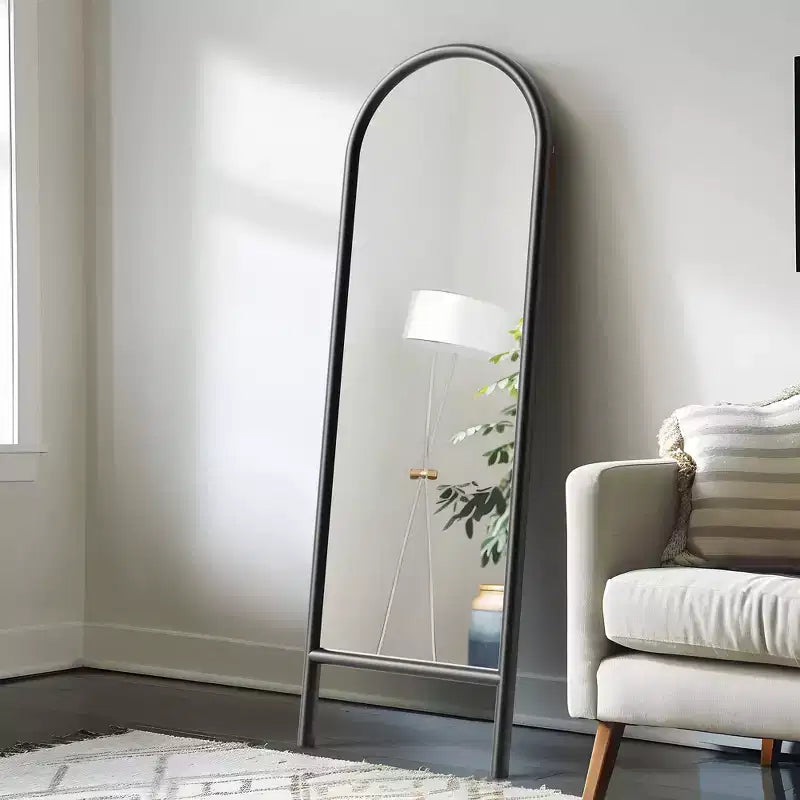Specchio da parete ad arco nero, in legno massello, 53 cm L x 162,5 cm H