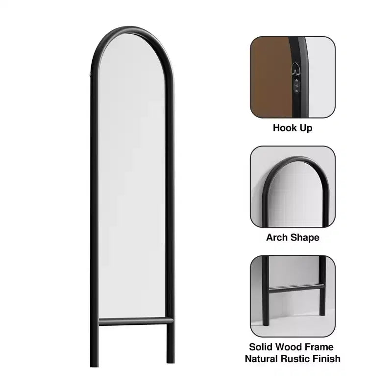 Specchio da parete ad arco nero, in legno massello, 53 cm L x 162,5 cm H