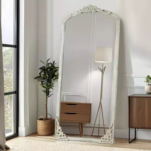 Specchio intero ad arco, Bianco invecchiato, Cornice in legno, 170 x 68 cm, 1 Persona