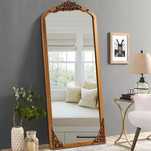 PexFix 30 in. W x 69 in. H Rustic Arched Solid Wood Framed DIY Carved Full Length Mirror in Gold