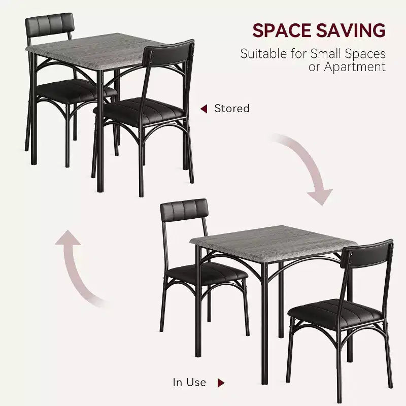 Set da pranzo 3 pezzi per 2 persone – Nero / Cenere di cemento / Colore retrò, tavolo quadrato con sedie imbottite