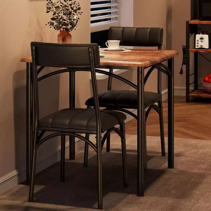 Set da pranzo 3 pezzi per 2 persone – Nero / Cenere di cemento / Colore retrò, tavolo quadrato con sedie imbottite