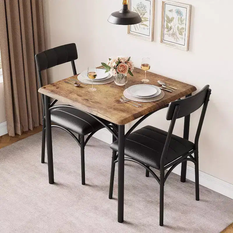 Set da pranzo 3 pezzi per 2 persone – Nero / Cenere di cemento / Colore retrò, tavolo quadrato con sedie imbottite