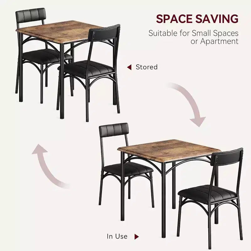 Set da pranzo 3 pezzi per 2 persone – Nero / Cenere di cemento / Colore retrò, tavolo quadrato con sedie imbottite