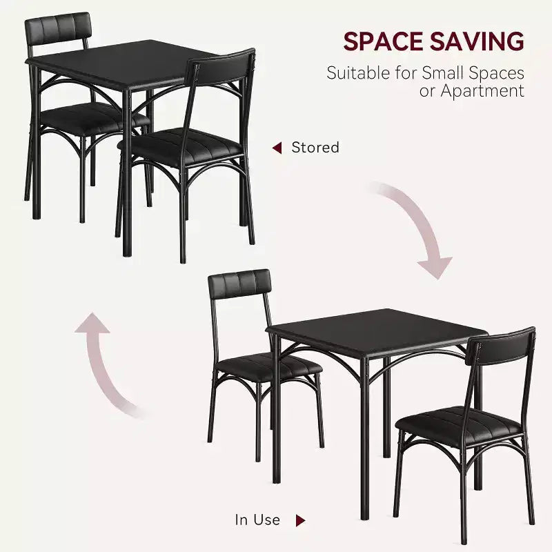 Set da pranzo 3 pezzi per 2 persone – Nero / Cenere di cemento / Colore retrò, tavolo quadrato con sedie imbottite
