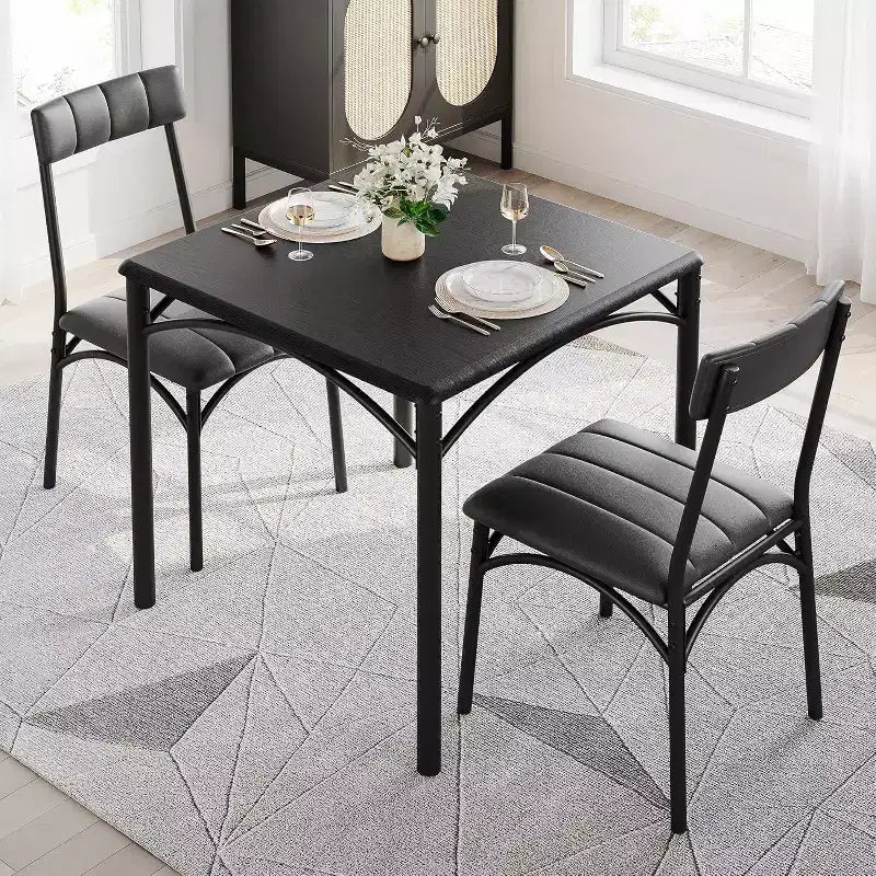 Set da pranzo 3 pezzi per 2 persone – Nero / Cenere di cemento / Colore retrò, tavolo quadrato con sedie imbottite