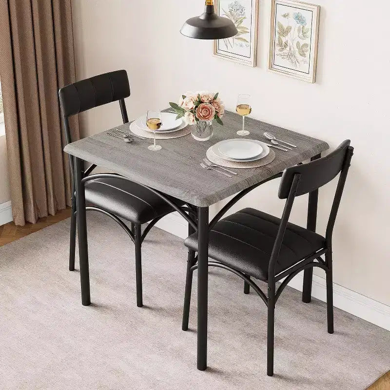 Set da pranzo 3 pezzi per 2 persone – Nero / Cenere di cemento / Colore retrò, tavolo quadrato con sedie imbottite