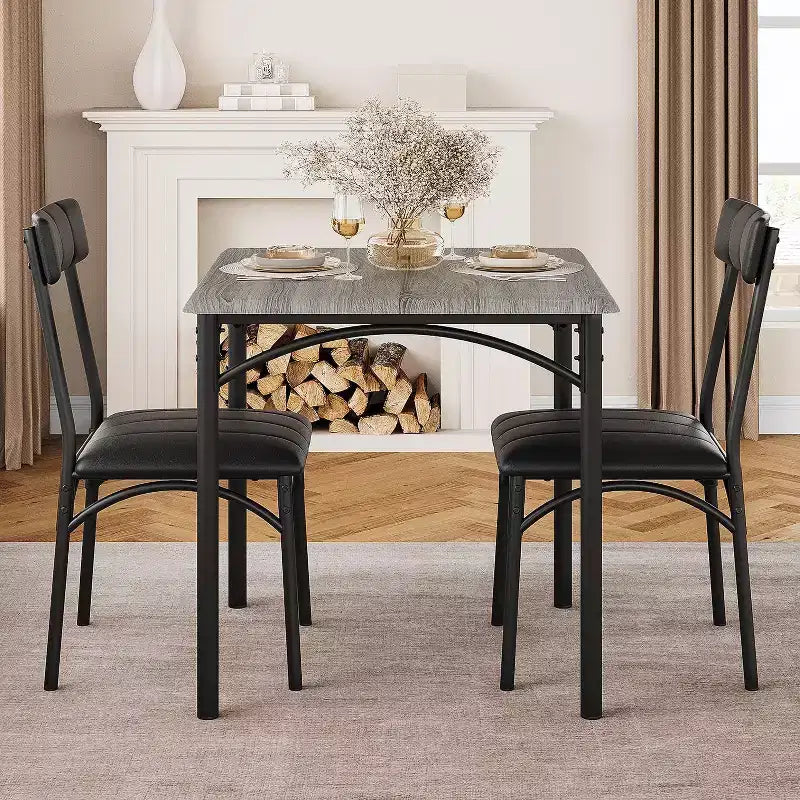 Set da pranzo 3 pezzi per 2 persone – Nero / Cenere di cemento / Colore retrò, tavolo quadrato con sedie imbottite