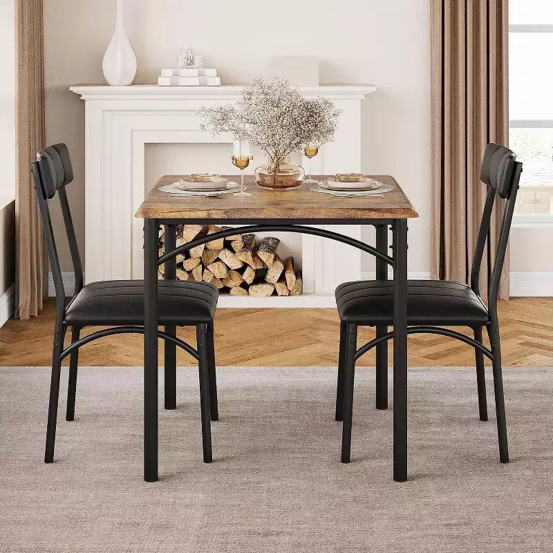 Set da pranzo 3 pezzi per 2 persone – Nero / Cenere di cemento / Colore retrò, tavolo quadrato con sedie imbottite