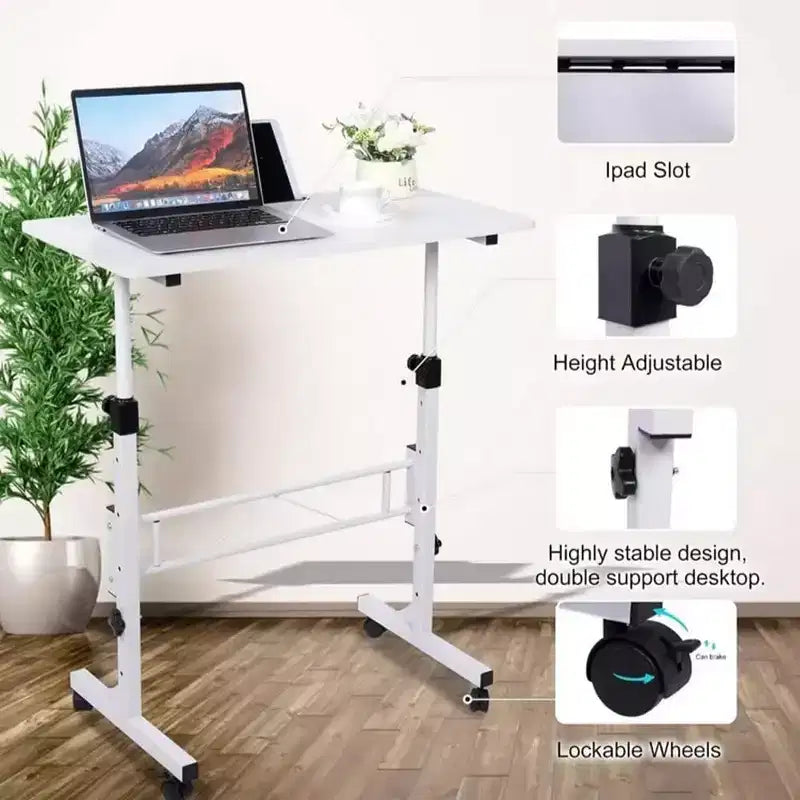 Scrivania regolabile in altezza con ruote, struttura bianca/piano nero, 79-109 cm, per 1 persona
