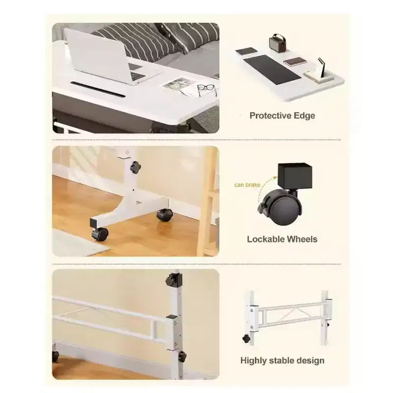 Scrivania regolabile in altezza con ruote, struttura bianca/piano nero, 79-109 cm, per 1 persona