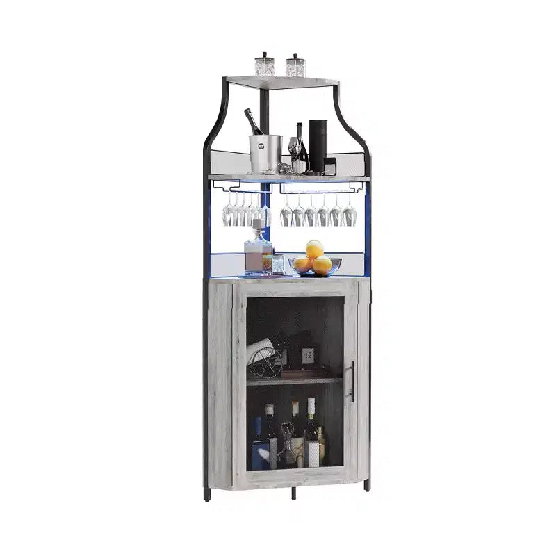Mobile angolare da bar moderno grigio con LED, portabottiglie e portacalici – Per 1