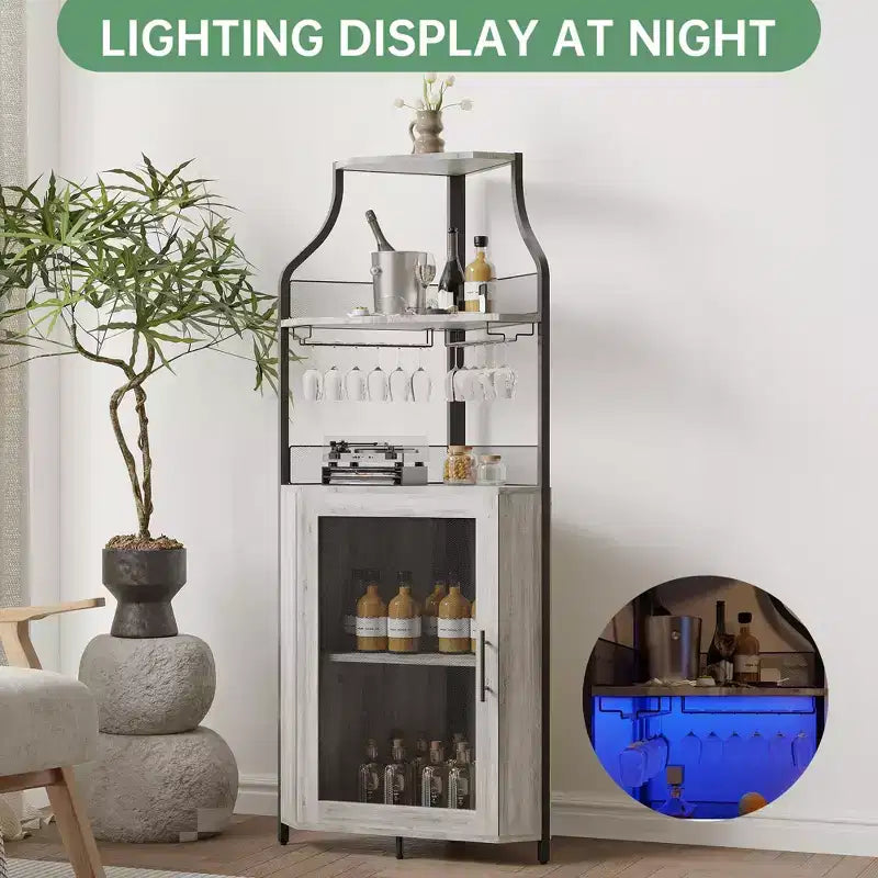 Mobile angolare da bar moderno grigio con LED, portabottiglie e portacalici – Per 1