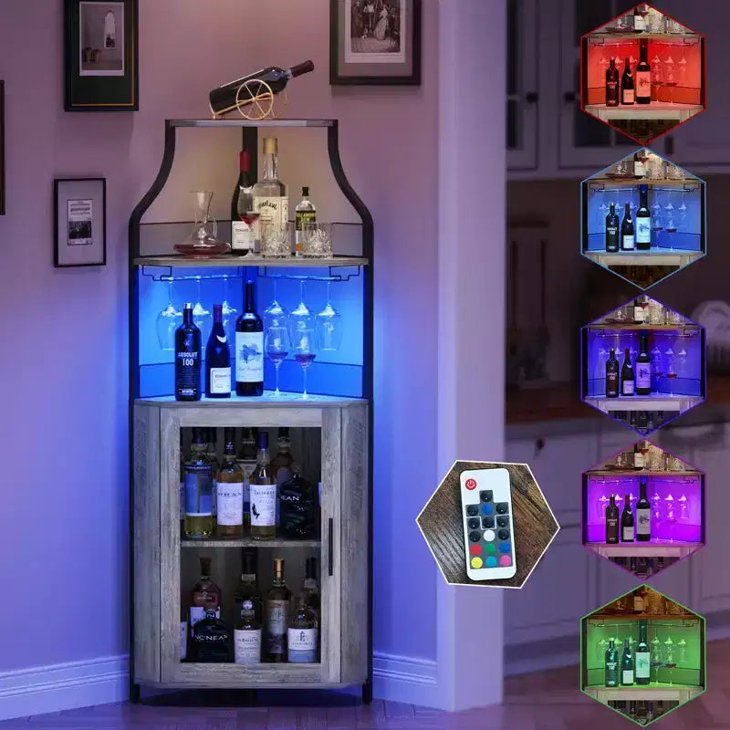 Mobile angolare da bar moderno grigio con LED, portabottiglie e portacalici – Per 1