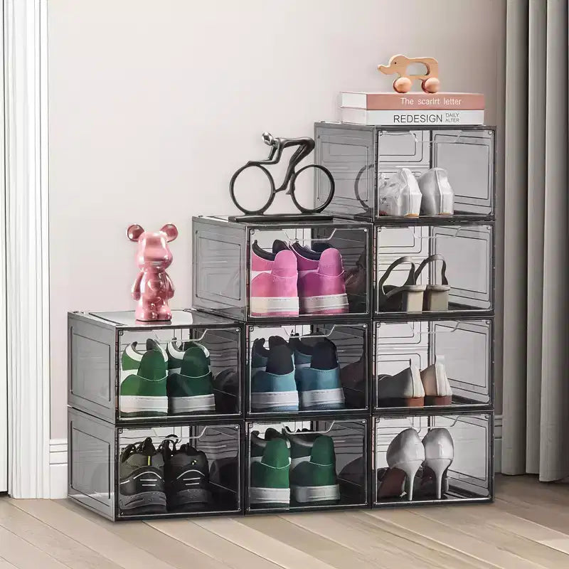 Scatole Porta Scarpe Impilabili Trasparenti, Confezione da 9, Nere, Adatte fino alla Taglia 47 EU
