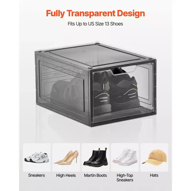 Scatole Porta Scarpe Impilabili Trasparenti, Confezione da 9, Nere, Adatte fino alla Taglia 47 EU