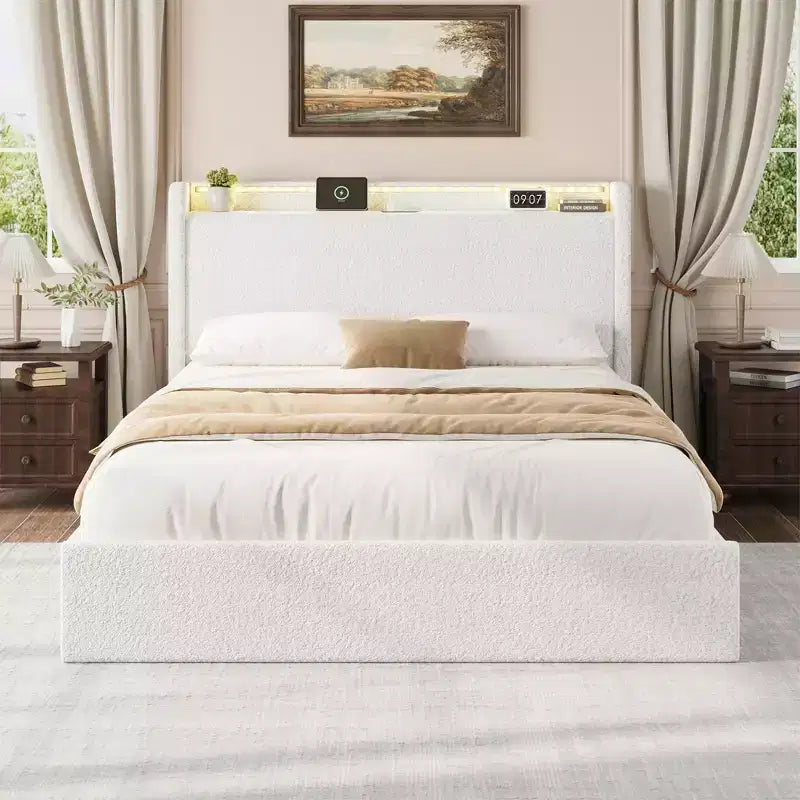 Base Letto a Piattaforma Imbottita in Bouclé con Cassetti Contenitori, Testiera a LED e Stazione di Ricarica – Beige / Bianco | Matrimoniale / Queen