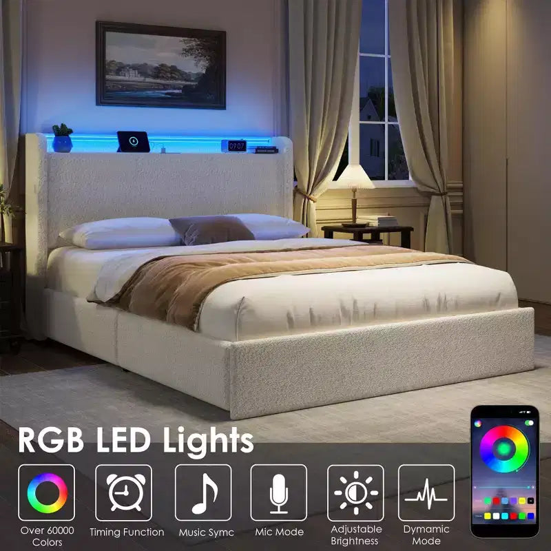 Base Letto a Piattaforma Imbottita in Bouclé con Cassetti Contenitori, Testiera a LED e Stazione di Ricarica – Beige / Bianco | Matrimoniale / Queen