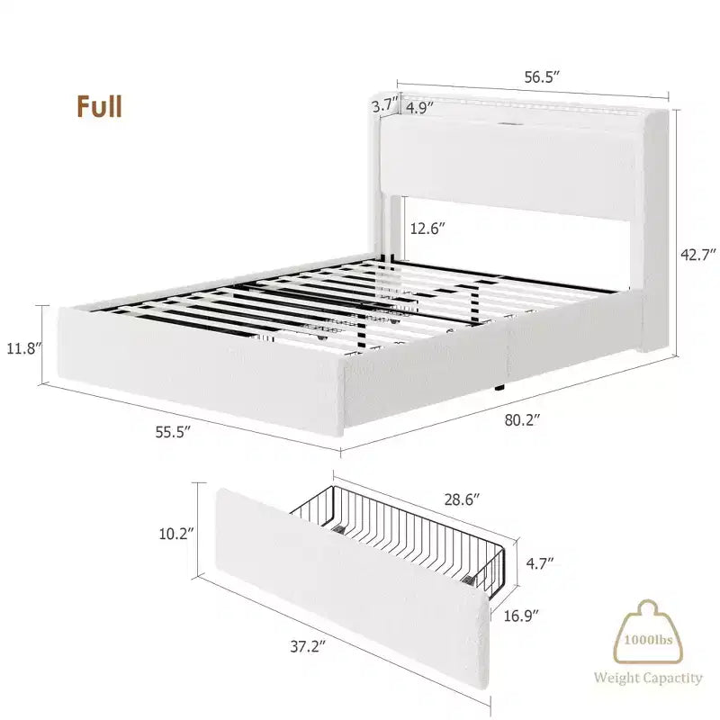 Base Letto a Piattaforma Imbottita in Bouclé con Cassetti Contenitori, Testiera a LED e Stazione di Ricarica – Beige / Bianco | Matrimoniale / Queen