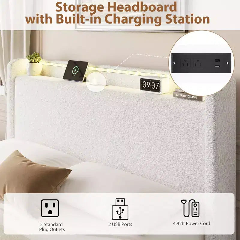 Base Letto a Piattaforma Imbottita in Bouclé con Cassetti Contenitori, Testiera a LED e Stazione di Ricarica – Beige / Bianco | Matrimoniale / Queen