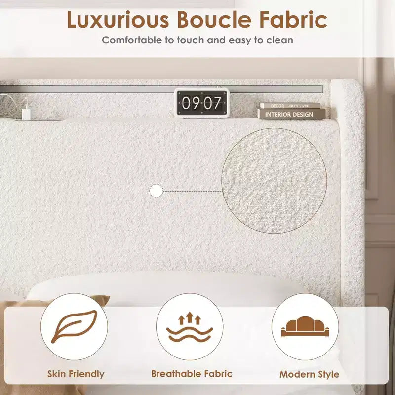 Base Letto a Piattaforma Imbottita in Bouclé con Cassetti Contenitori, Testiera a LED e Stazione di Ricarica – Beige / Bianco | Matrimoniale / Queen
