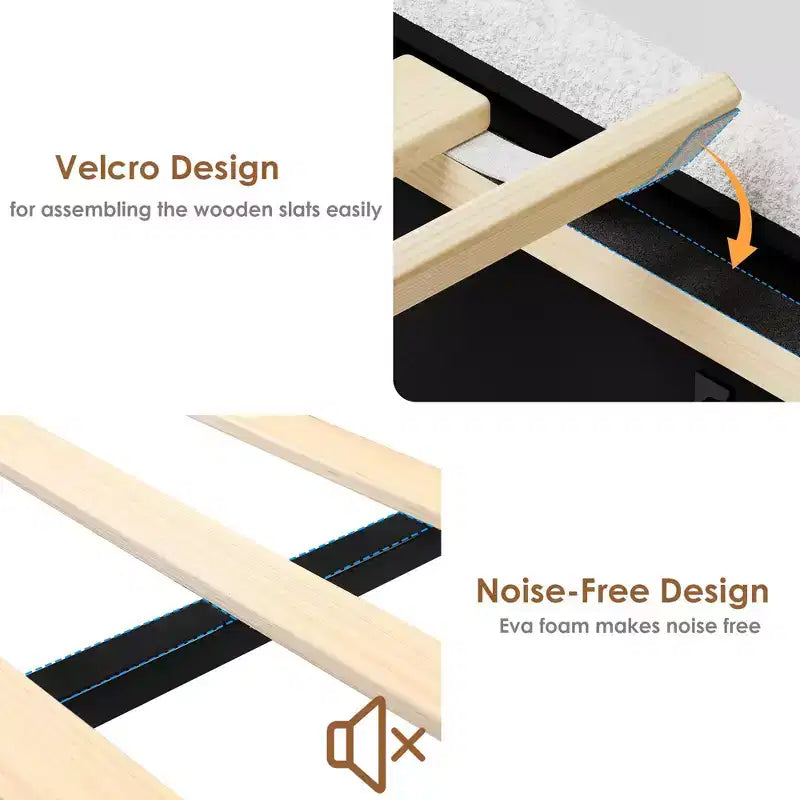 Base Letto a Piattaforma Imbottita in Bouclé con Cassetti Contenitori, Testiera a LED e Stazione di Ricarica – Beige / Bianco | Matrimoniale / Queen