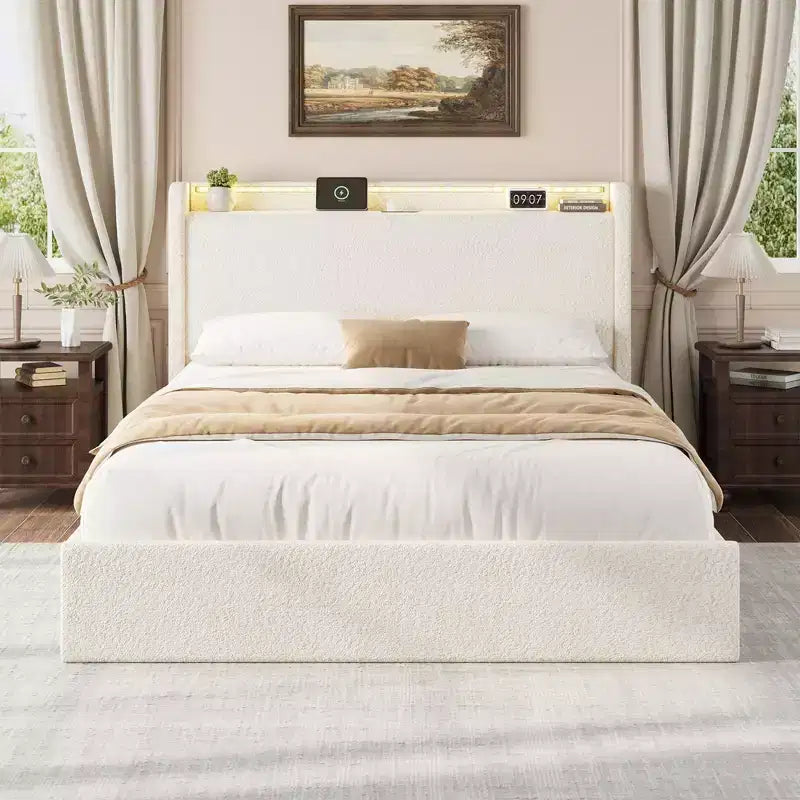 Base Letto a Piattaforma Imbottita in Bouclé con Cassetti Contenitori, Testiera a LED e Stazione di Ricarica – Beige / Bianco | Matrimoniale / Queen