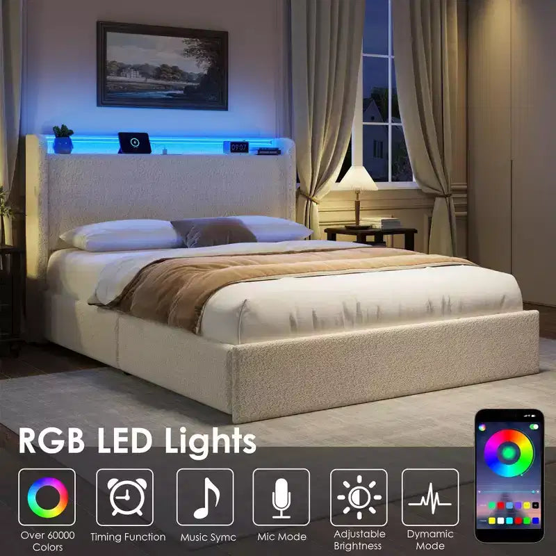 Base Letto a Piattaforma Imbottita in Bouclé con Cassetti Contenitori, Testiera a LED e Stazione di Ricarica – Beige / Bianco | Matrimoniale / Queen