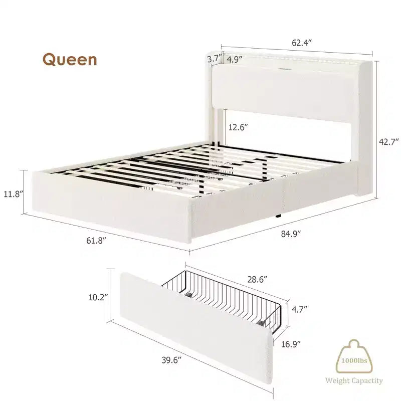 Base Letto a Piattaforma Imbottita in Bouclé con Cassetti Contenitori, Testiera a LED e Stazione di Ricarica – Beige / Bianco | Matrimoniale / Queen