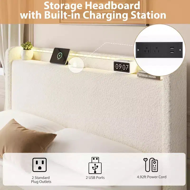 Base Letto a Piattaforma Imbottita in Bouclé con Cassetti Contenitori, Testiera a LED e Stazione di Ricarica – Beige / Bianco | Matrimoniale / Queen