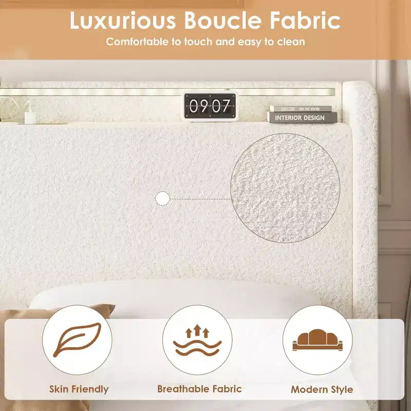 Base Letto a Piattaforma Imbottita in Bouclé con Cassetti Contenitori, Testiera a LED e Stazione di Ricarica – Beige / Bianco | Matrimoniale / Queen
