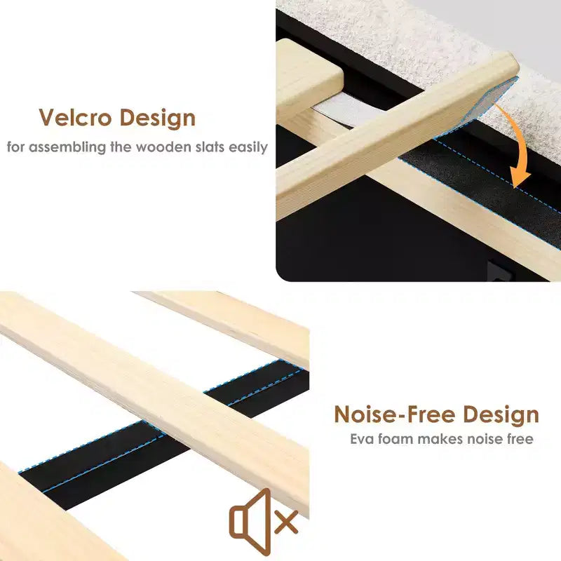 Base Letto a Piattaforma Imbottita in Bouclé con Cassetti Contenitori, Testiera a LED e Stazione di Ricarica – Beige / Bianco | Matrimoniale / Queen